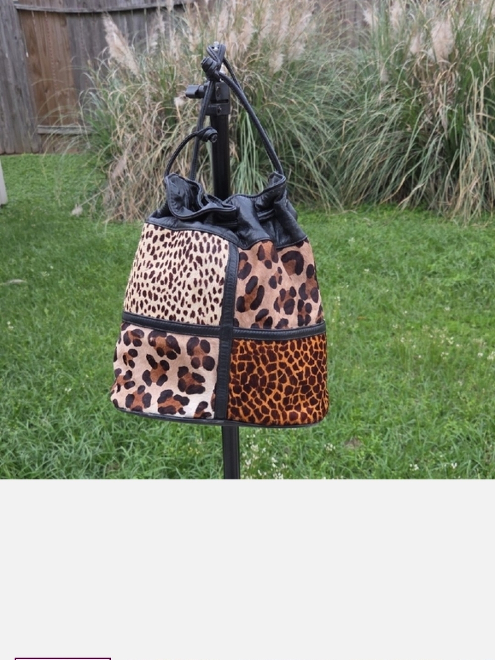 SAMIR Patchwork Leopard Print Drawstring Bucket Bag Leather
